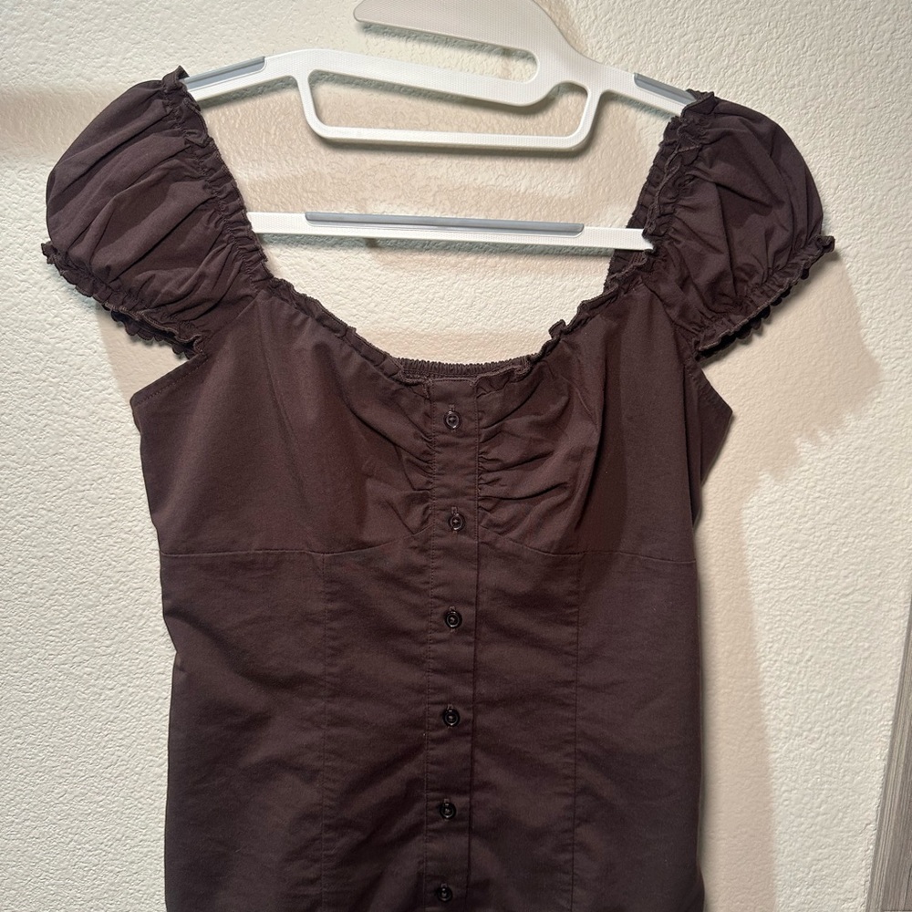 Hollister Brown Puff Sleeve Button-Front Top